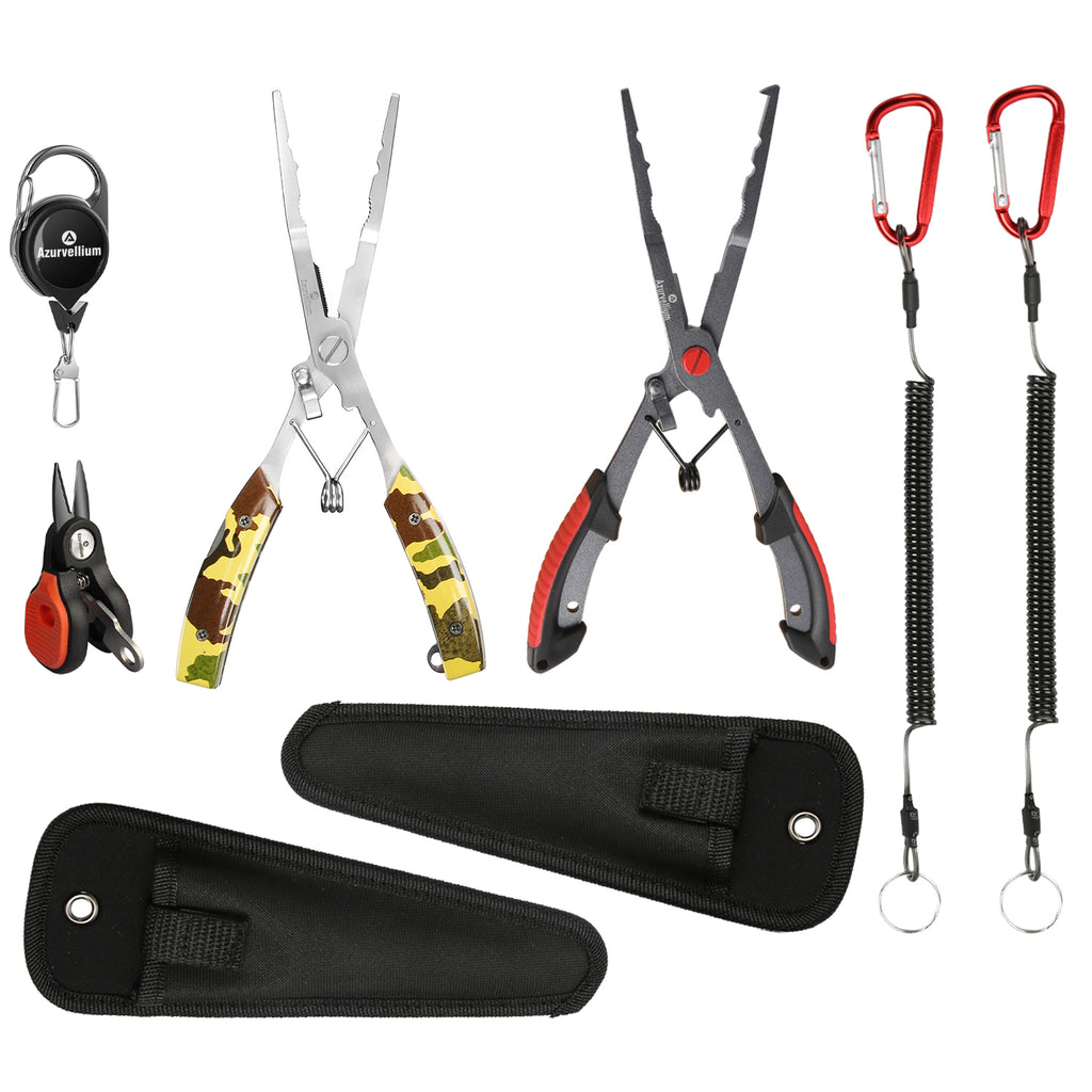 Azurvellium Fishing Pliers Kit 3 in 1 Fishing Tools Set with Long Nose Fishing Pliers Teflon Coated Needle Nose Pliers and Fishing Scissors Stainless Steel Fishing Tools for Saltwater Freshwater