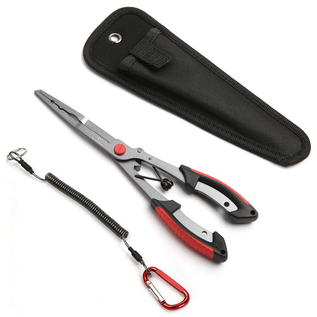 Azurvellium Fishing Pliers Saltwater, Teflon Coated Stainless Steel Long Nose Hook Remover with Braid Cutter and Split Ring Pliers, Non Slip Grip for Freshwater and Saltwater