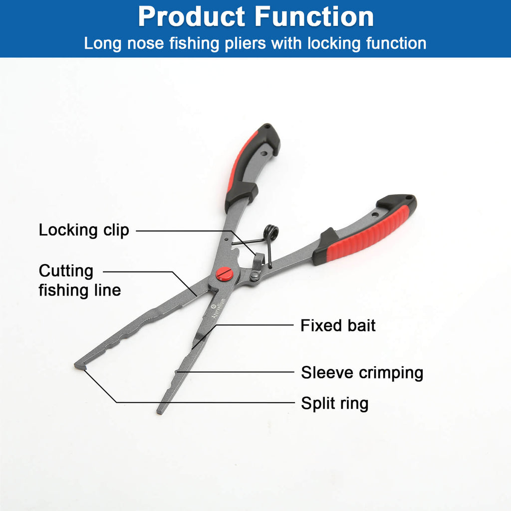 Azurvellium Fishing Pliers Saltwater, Teflon Coated Stainless Steel Long Nose Hook Remover with Braid Cutter and Split Ring Pliers, Non Slip Grip for Freshwater and Saltwater