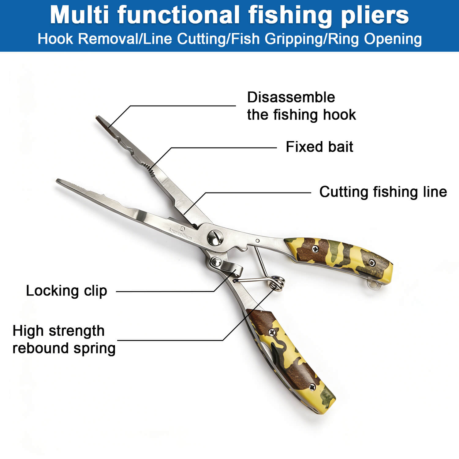 Azurvellium Fishing Needle Nose Pliers Long Nose Stainless Steel Fishing Pliers Hook Remover Braid Line Cutter Split Ring Pliers for Fishing Spring Loaded Fishing Tools