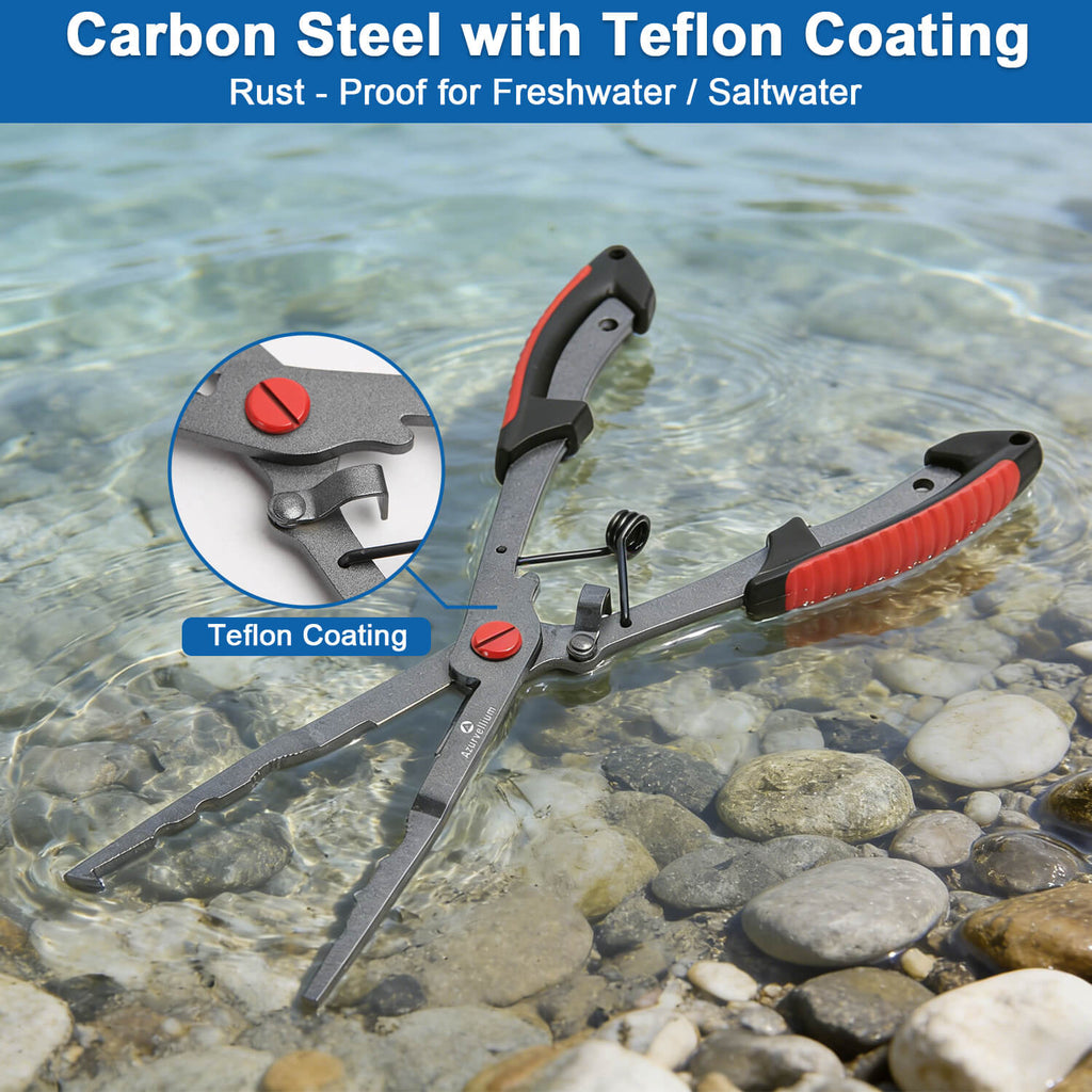 Azurvellium Fishing Pliers Saltwater, Teflon Coated Stainless Steel Long Nose Hook Remover with Braid Cutter and Split Ring Pliers, Non Slip Grip for Freshwater and Saltwater