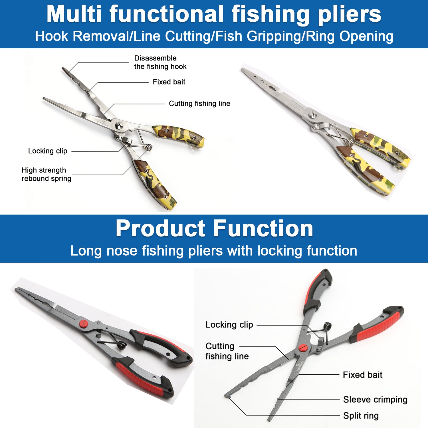 Azurvellium Fishing Pliers Kit 3 in 1 Fishing Tools Set with Long Nose Fishing Pliers Teflon Coated Needle Nose Pliers and Fishing Scissors Stainless Steel Fishing Tools for Saltwater Freshwater
