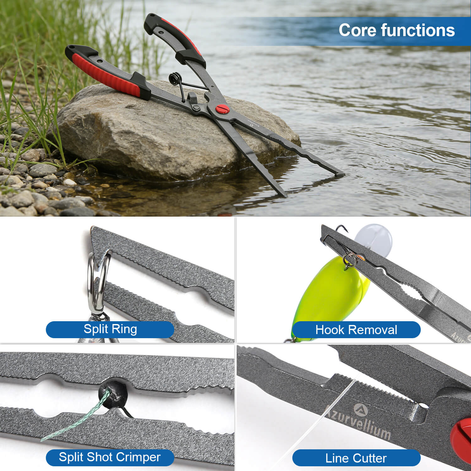 Azurvellium Fishing Pliers Saltwater, Teflon Coated Stainless Steel Long Nose Hook Remover with Braid Cutter and Split Ring Pliers, Non Slip Grip for Freshwater and Saltwater