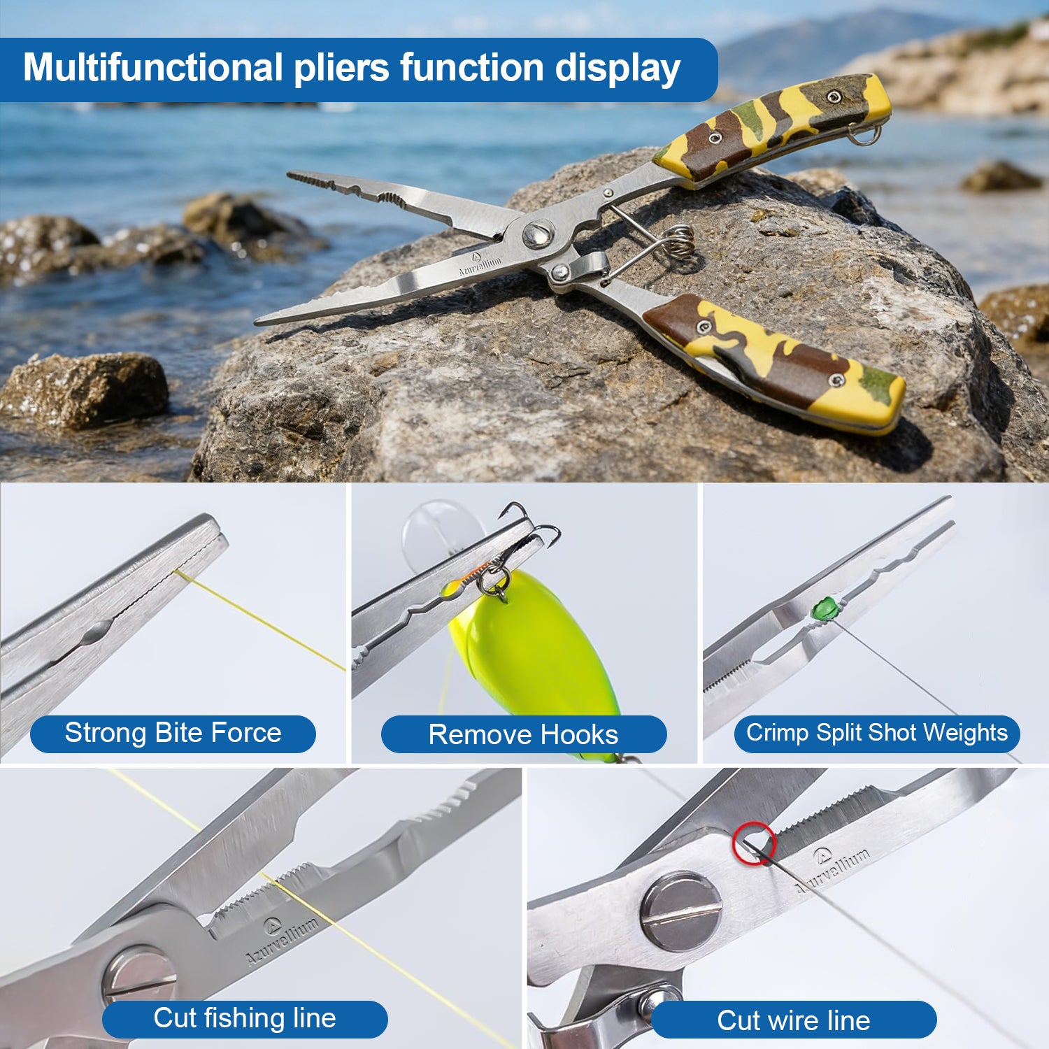 Azurvellium Fishing Pliers Kit 3 in 1 Fishing Tools Set with Long Nose Fishing Pliers Teflon Coated Needle Nose Pliers and Fishing Scissors Stainless Steel Fishing Tools for Saltwater Freshwater