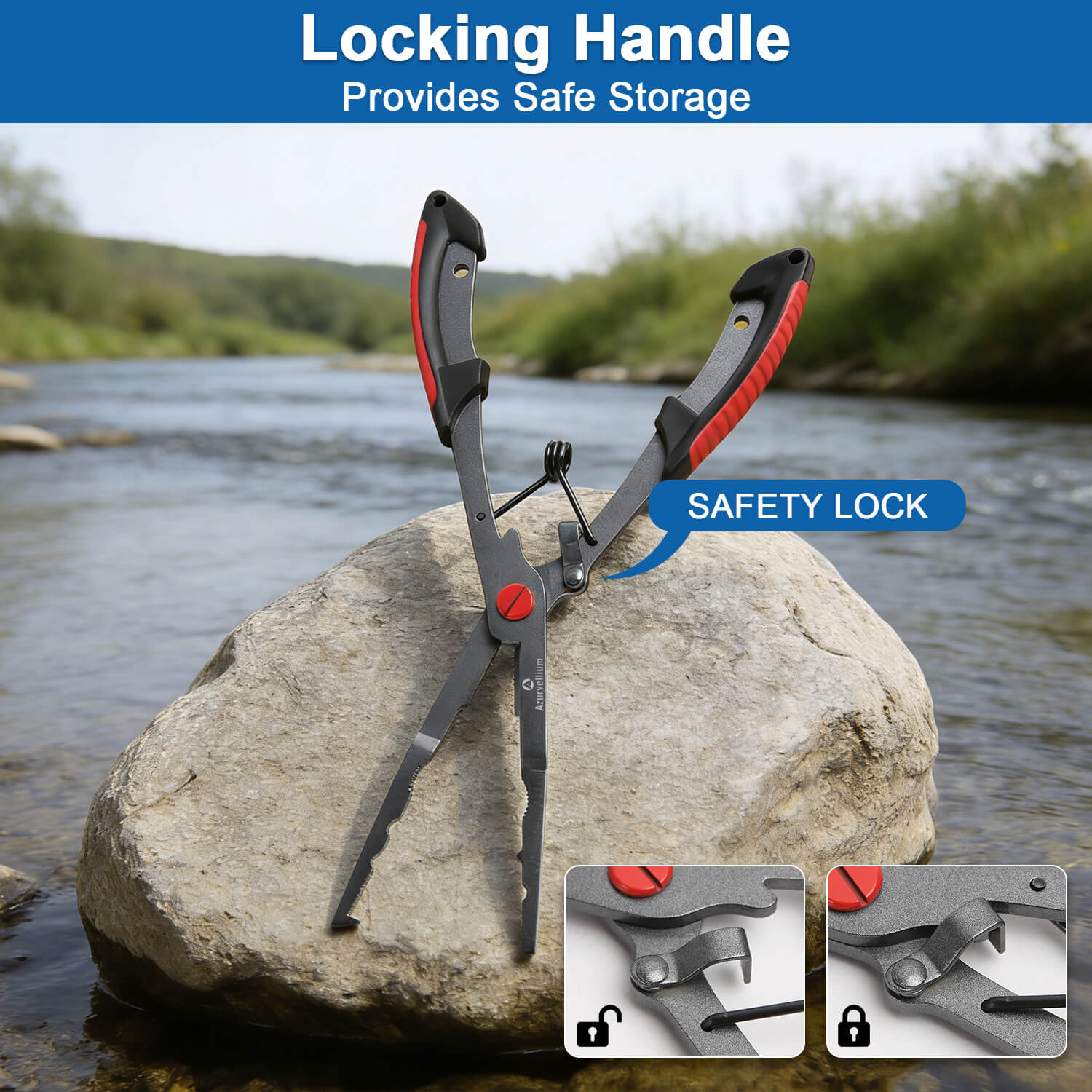 Azurvellium Fishing Pliers Saltwater, Teflon Coated Stainless Steel Long Nose Hook Remover with Braid Cutter and Split Ring Pliers, Non Slip Grip for Freshwater and Saltwater