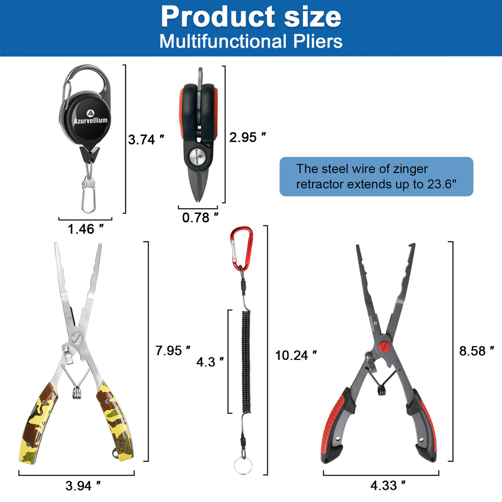 Azurvellium Fishing Pliers Kit 3 in 1 Fishing Tools Set with Long Nose Fishing Pliers Teflon Coated Needle Nose Pliers and Fishing Scissors Stainless Steel Fishing Tools for Saltwater Freshwater